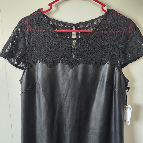 Kensie NWT Women's Black Lace-Trim Faux-Leather Shift Dress Size 10 - Picture 3 of 14